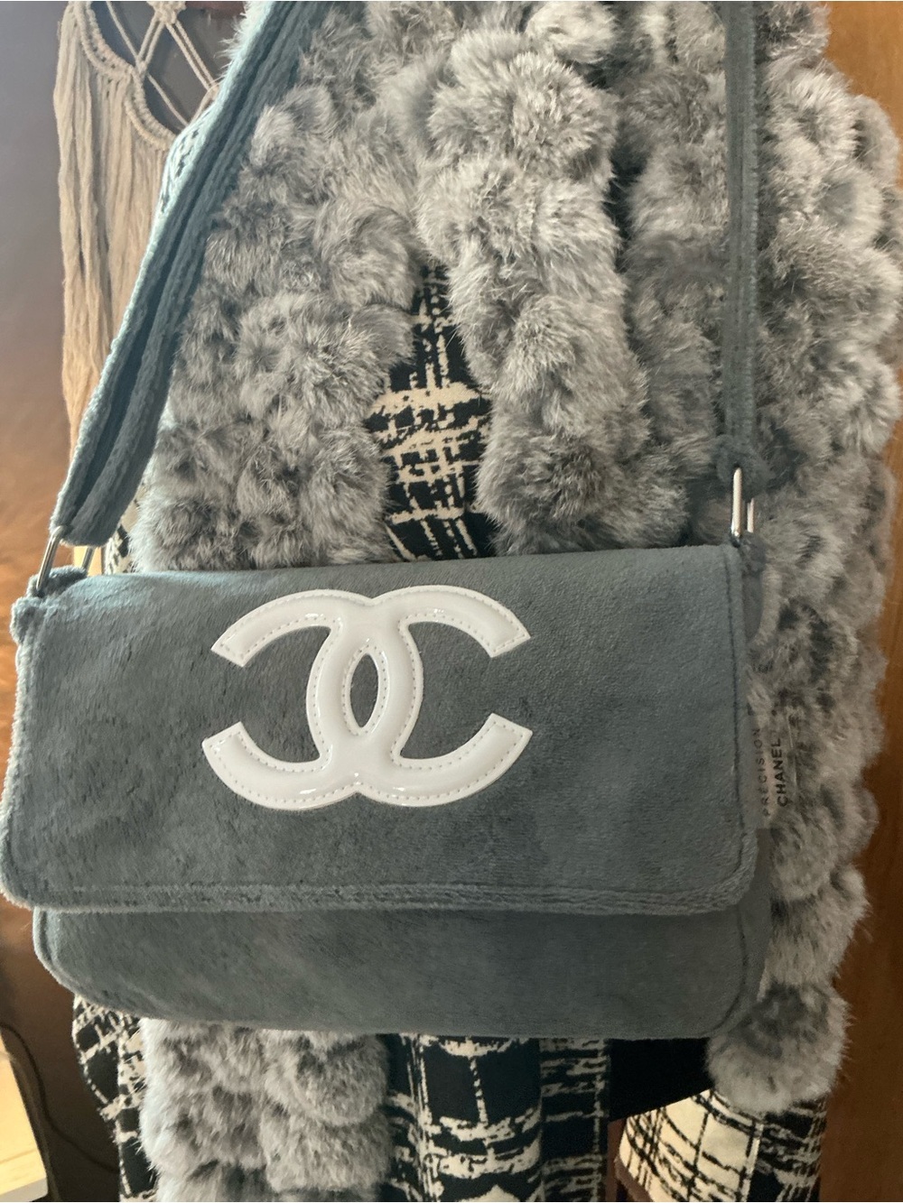 CHANEL Precision Gray Suede Shoulder Bag with White CC Logo